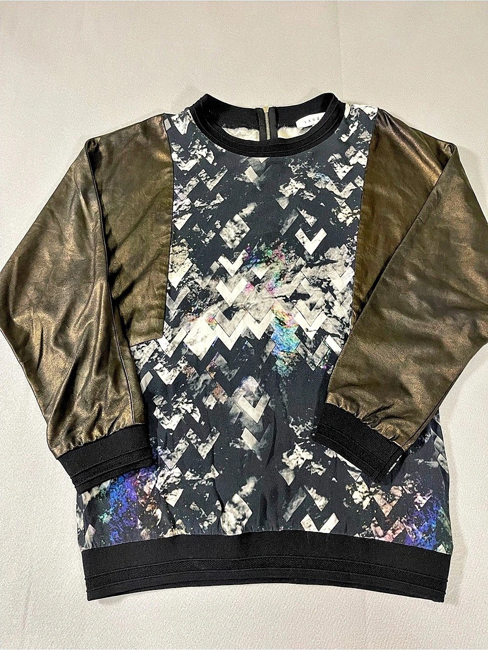 Sandro Paris Geometric Metallic Sleeve Abstract Top Size 2